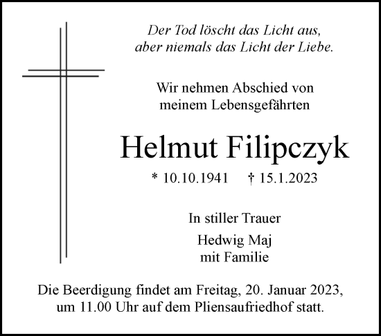 Traueranzeige von Helmut Filipczyk von Eßlinger Zeitung/Cannstatter Zeitung