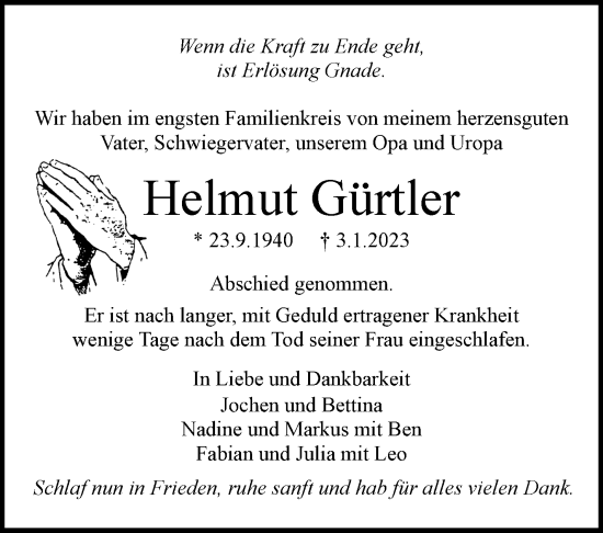 Traueranzeige von Helmut Gürtler von Eßlinger Zeitung/Cannstatter Zeitung