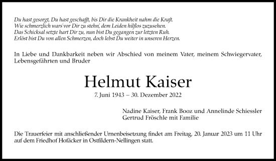 Traueranzeige von Helmut Kaiser von Eßlinger Zeitung/Cannstatter Zeitung