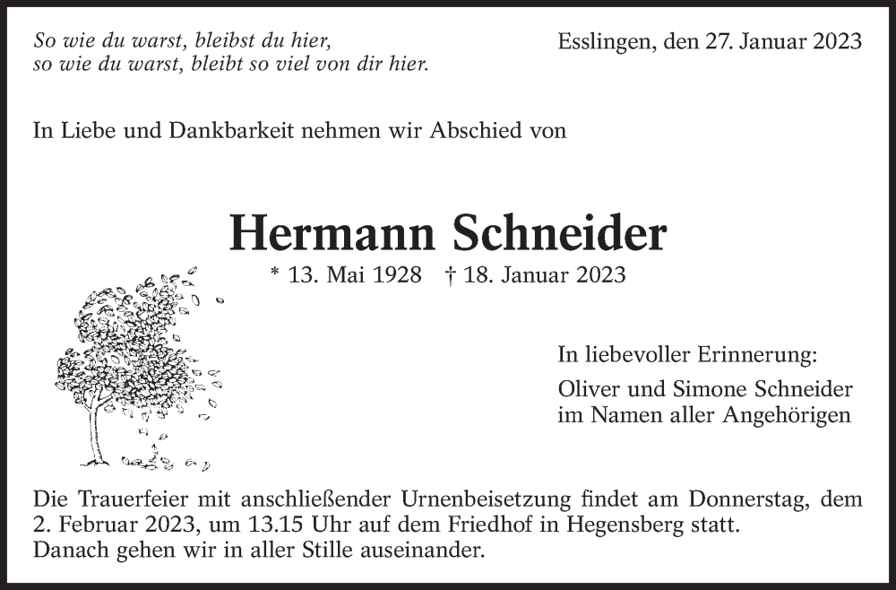  Traueranzeige für Hermann Schneider vom 27.01.2023 aus Eßlinger Zeitung/Cannstatter Zeitung