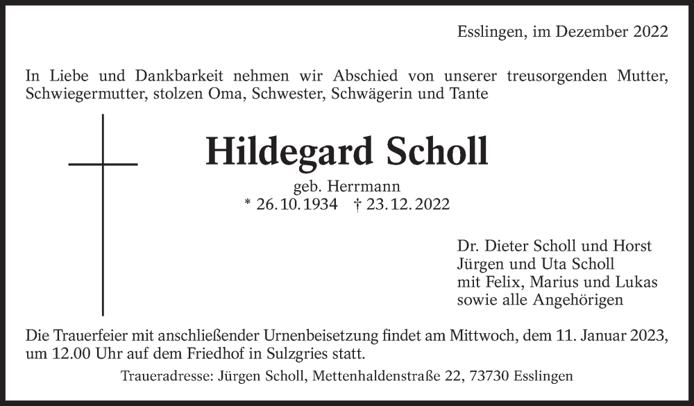  Traueranzeige für Hildegard Scholl vom 31.12.2022 aus Eßlinger Zeitung/Cannstatter Zeitung