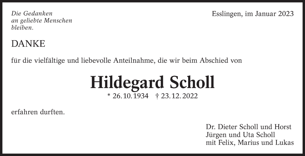  Traueranzeige für Hildegard Scholl vom 28.01.2023 aus Eßlinger Zeitung/Cannstatter Zeitung