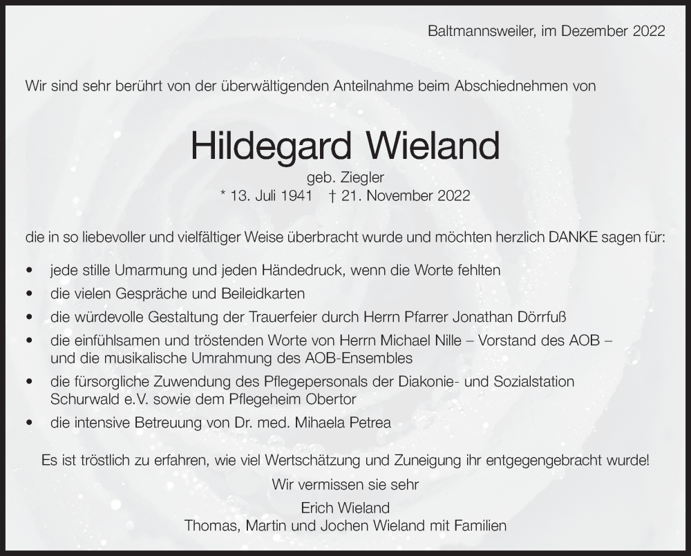  Traueranzeige für Hildegard Wieland vom 31.12.2022 aus Eßlinger Zeitung/Cannstatter Zeitung