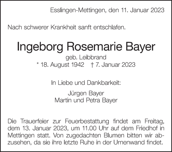 Traueranzeige von Ingeborg Rosemarie Bayer von Eßlinger Zeitung/Cannstatter Zeitung