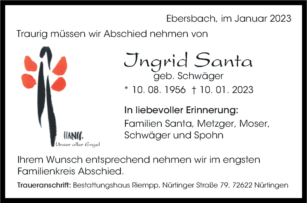  Traueranzeige für Ingrid Santa vom 21.01.2023 aus Eßlinger Zeitung/Cannstatter Zeitung