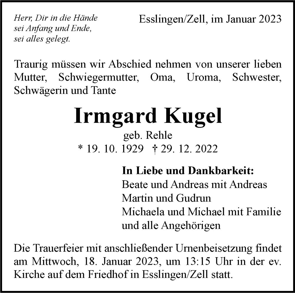  Traueranzeige für Irmgard Kugel vom 14.01.2023 aus Eßlinger Zeitung/Cannstatter Zeitung
