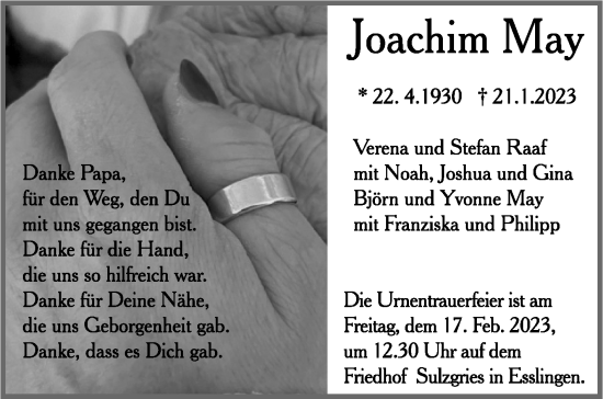 Traueranzeige von Joachim May von Eßlinger Zeitung/Cannstatter Zeitung