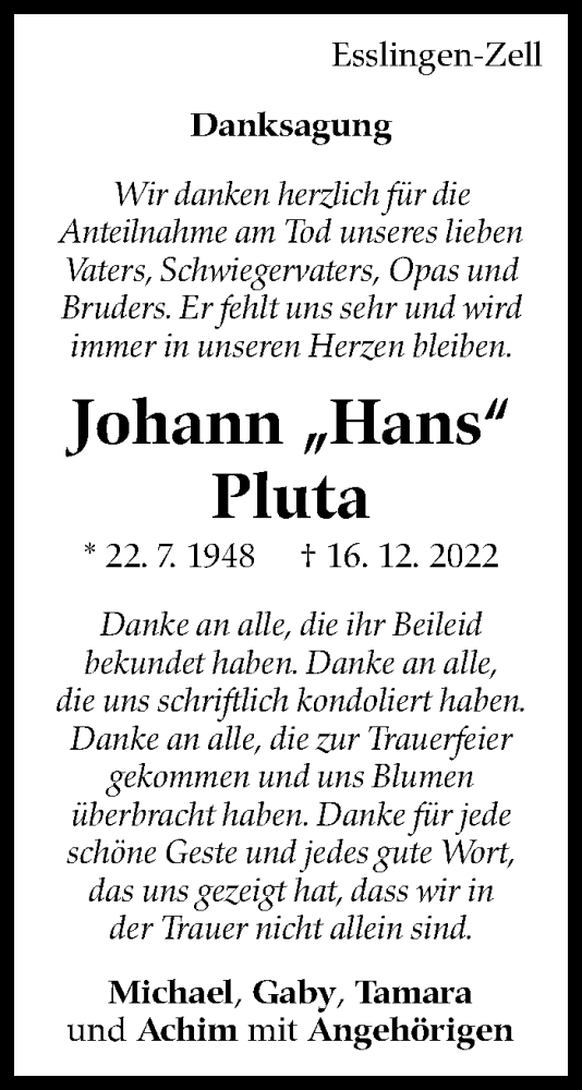 Traueranzeige von Johann Pluta von Eßlinger Zeitung/Cannstatter Zeitung