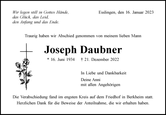 Traueranzeige von Joseph Daubner von Eßlinger Zeitung/Cannstatter Zeitung
