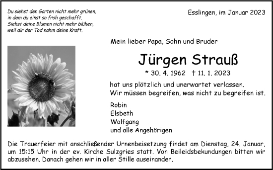Traueranzeige von Jürgen Strauß von Eßlinger Zeitung/Cannstatter Zeitung