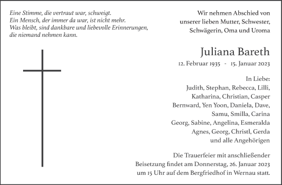 Traueranzeige von Juliana Bareth von Eßlinger Zeitung/Cannstatter Zeitung