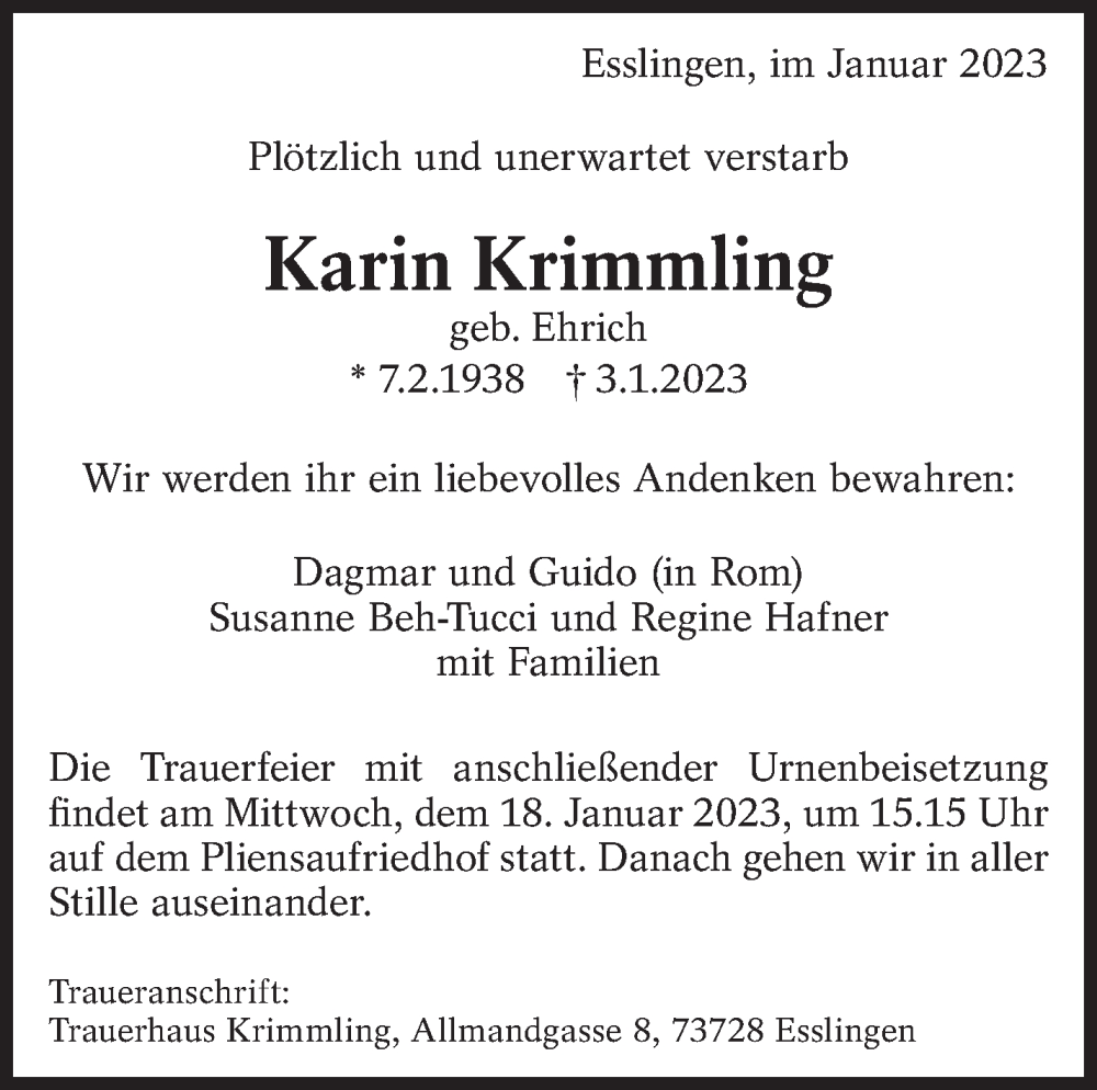  Traueranzeige für Karin Krimmling vom 11.01.2023 aus Eßlinger Zeitung/Cannstatter Zeitung