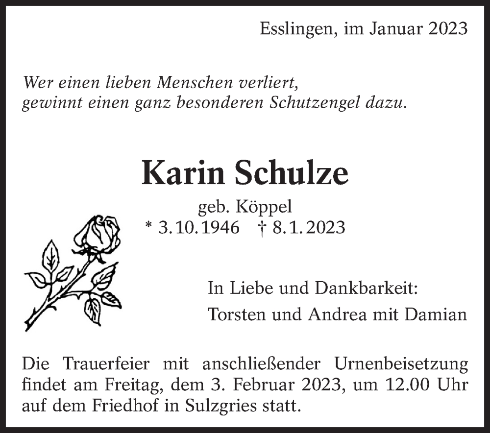  Traueranzeige für Karin Schulze vom 17.01.2023 aus Eßlinger Zeitung/Cannstatter Zeitung