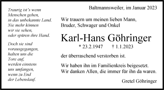 Traueranzeige von Karl-Hans Göhringer von Eßlinger Zeitung/Cannstatter Zeitung