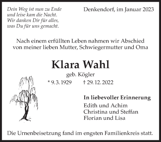 Traueranzeige von Klara Wahl von Eßlinger Zeitung/Cannstatter Zeitung