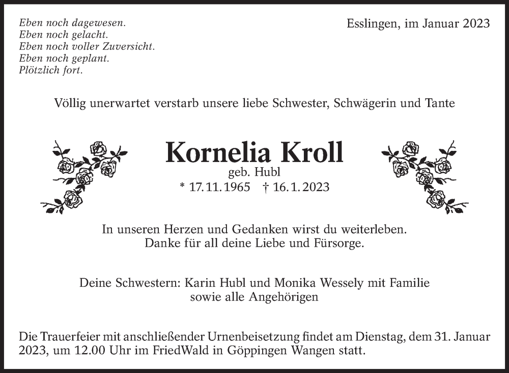  Traueranzeige für Kornelia Kroll vom 19.01.2023 aus Eßlinger Zeitung/Cannstatter Zeitung