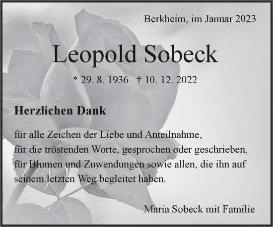 Traueranzeige von Leopold Sobeck von Eßlinger Zeitung/Cannstatter Zeitung