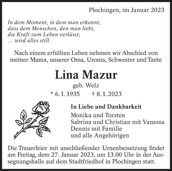 Traueranzeige von Lina Mazur von Eßlinger Zeitung/Cannstatter Zeitung