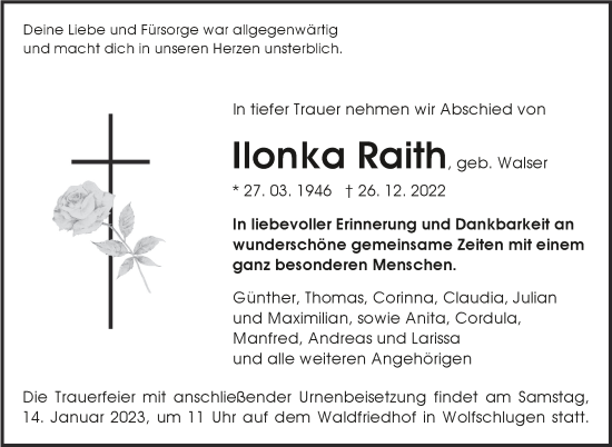 Traueranzeige von llonka Raith von Eßlinger Zeitung/Cannstatter Zeitung