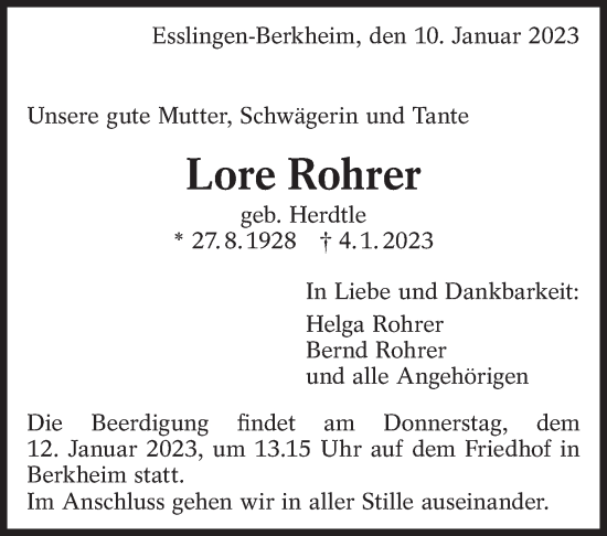 Traueranzeige von Lore Rohrer von Eßlinger Zeitung/Cannstatter Zeitung
