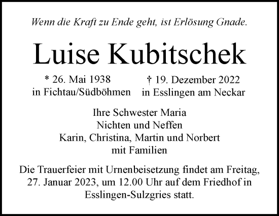 Traueranzeige von Luise Kubitschek von Eßlinger Zeitung/Cannstatter Zeitung