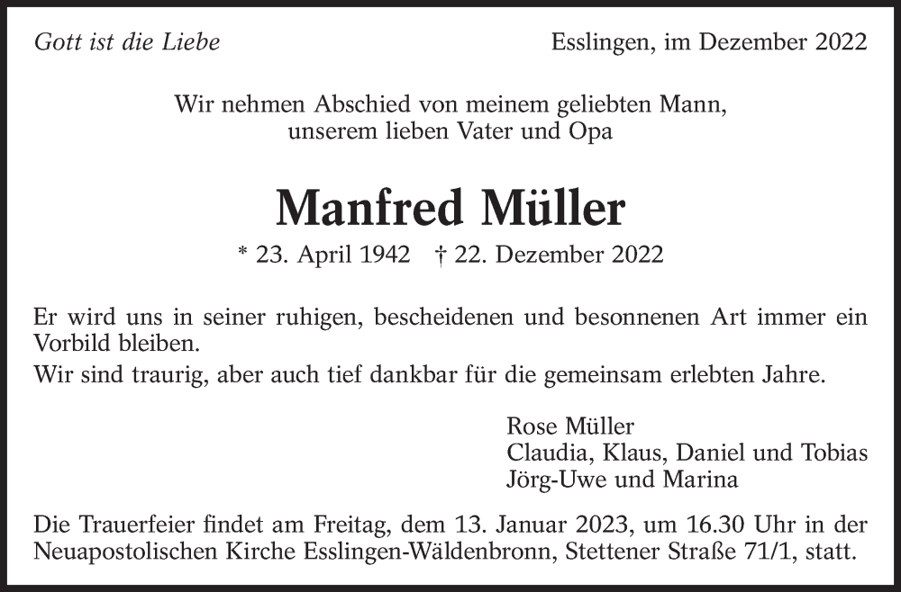  Traueranzeige für Manfred Müller vom 31.12.2022 aus Eßlinger Zeitung/Cannstatter Zeitung