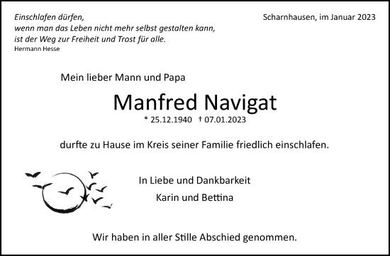 Traueranzeige von Manfred Navigat von Eßlinger Zeitung/Cannstatter Zeitung