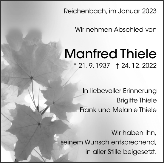 Traueranzeige von Manfred Thiele von Eßlinger Zeitung/Cannstatter Zeitung