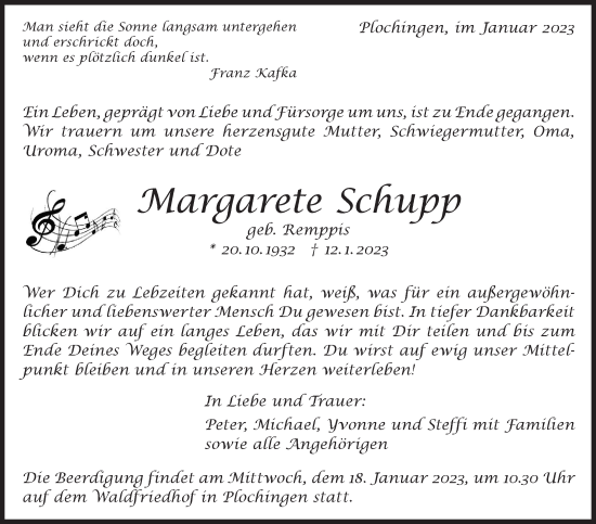 Traueranzeige von Margarete Schupp von Eßlinger Zeitung/Cannstatter Zeitung
