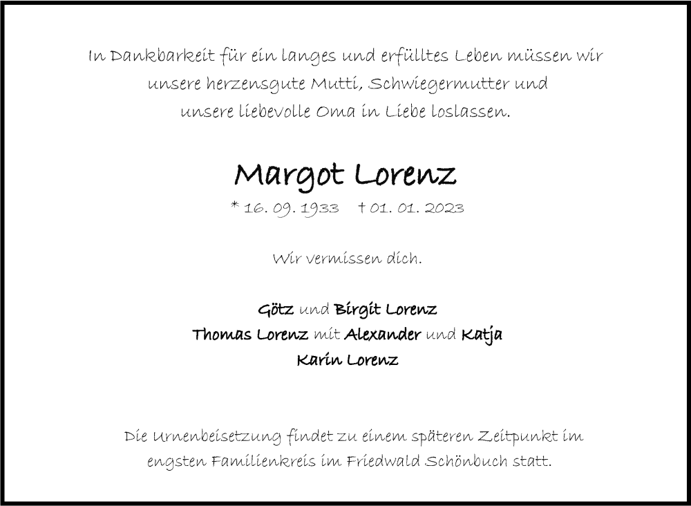  Traueranzeige für Margot Lorenz vom 14.01.2023 aus Eßlinger Zeitung/Cannstatter Zeitung