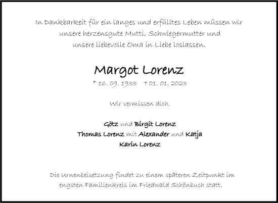 Traueranzeige von Margot Lorenz von Eßlinger Zeitung/Cannstatter Zeitung