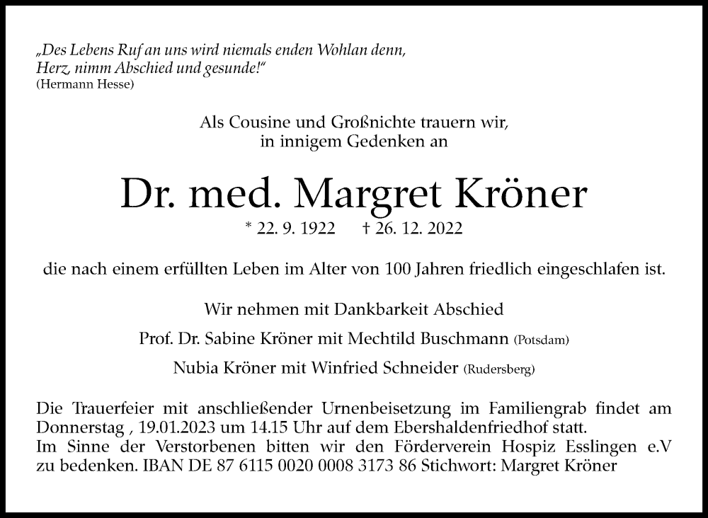  Traueranzeige für Margret Kröner vom 14.01.2023 aus Eßlinger Zeitung/Cannstatter Zeitung