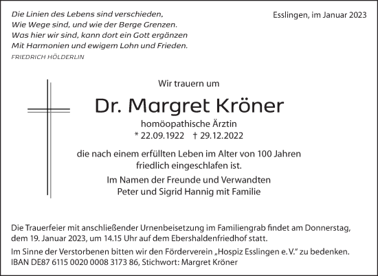 Traueranzeige von Margret Kröner von Eßlinger Zeitung/Cannstatter Zeitung