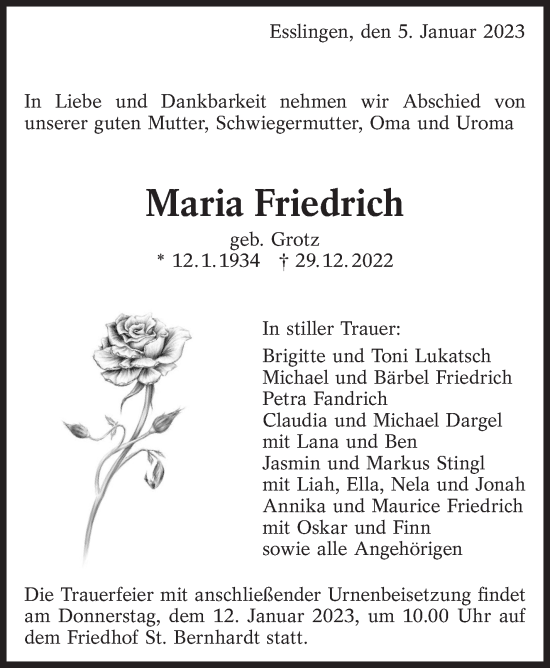 Traueranzeige von Maria Friedrich von Eßlinger Zeitung/Cannstatter Zeitung