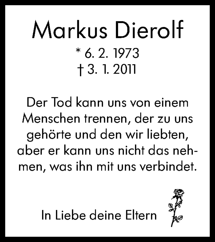  Traueranzeige für Markus Dierolf vom 03.01.2023 aus Eßlinger Zeitung/Cannstatter Zeitung