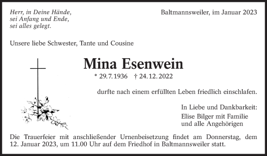Traueranzeige von Mina Esenwein von Eßlinger Zeitung/Cannstatter Zeitung