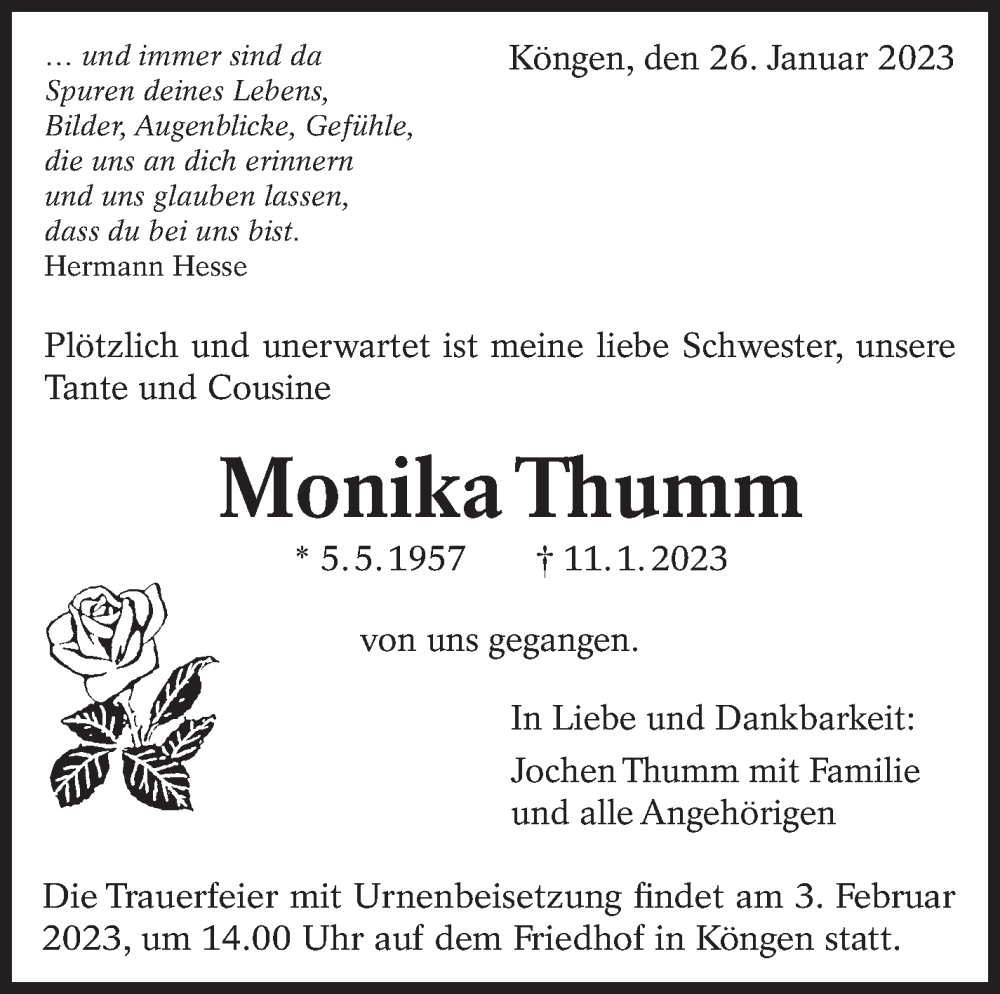  Traueranzeige für Monika Thumm vom 26.01.2023 aus Eßlinger Zeitung/Cannstatter Zeitung