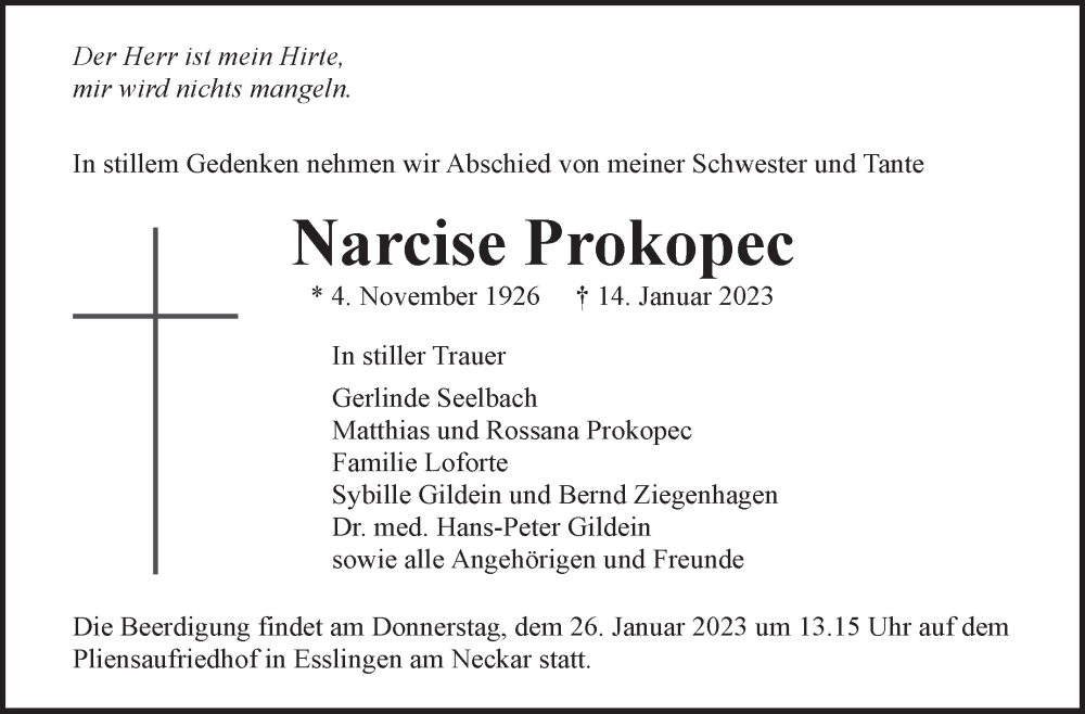  Traueranzeige für Narcise Prokopec vom 21.01.2023 aus Eßlinger Zeitung/Cannstatter Zeitung