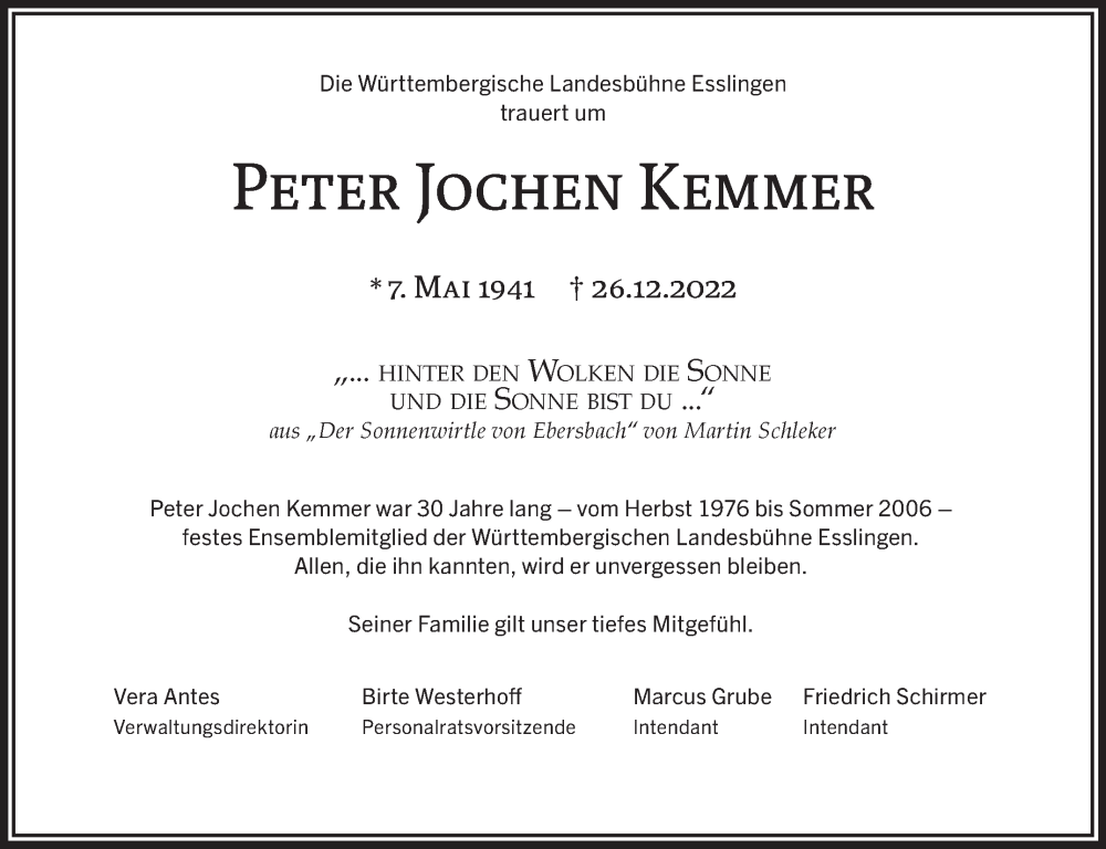  Traueranzeige für Peter Jochen Kemmer vom 05.01.2023 aus Eßlinger Zeitung/Cannstatter Zeitung