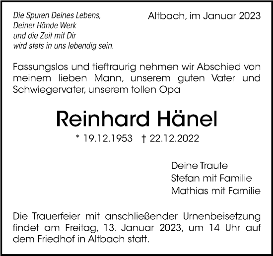 Traueranzeige von Reinhard Hänel von Eßlinger Zeitung/Cannstatter Zeitung