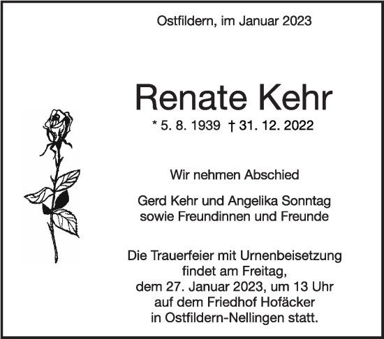 Traueranzeige von Renate Kehr von Eßlinger Zeitung/Cannstatter Zeitung