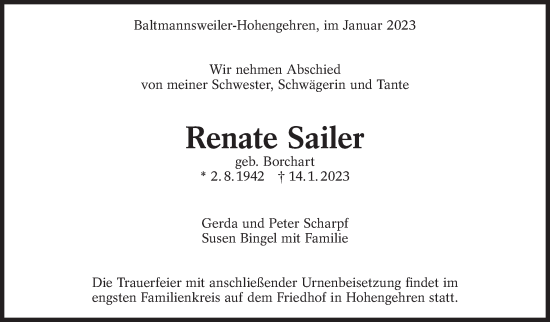 Traueranzeige von Renate Sailer von Eßlinger Zeitung/Cannstatter Zeitung