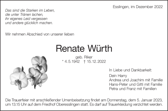 Traueranzeige von Renate Würth von Eßlinger Zeitung/Cannstatter Zeitung