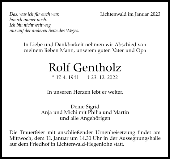 Traueranzeige von Rolf Gentholz von Eßlinger Zeitung/Cannstatter Zeitung