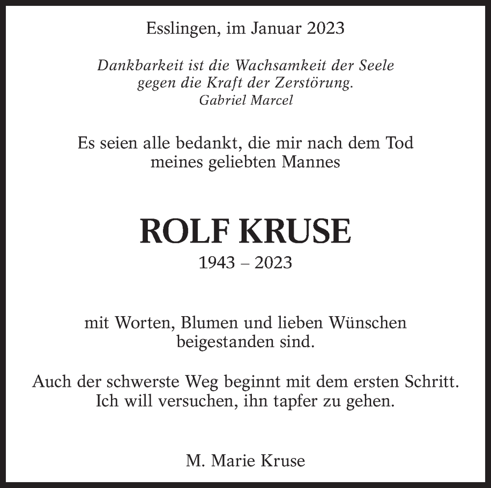  Traueranzeige für Rolf Kruse vom 28.01.2023 aus Eßlinger Zeitung/Cannstatter Zeitung