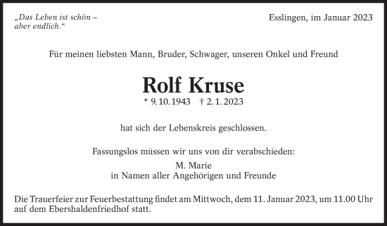 Traueranzeige von Rolf Kruse von Eßlinger Zeitung/Cannstatter Zeitung