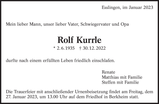 Traueranzeige von Rolf Kurrle von Eßlinger Zeitung/Cannstatter Zeitung
