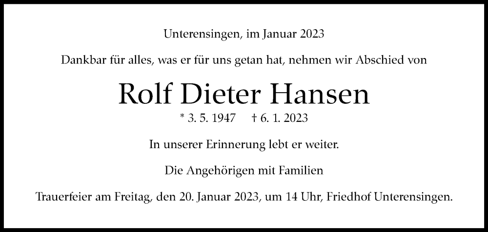  Traueranzeige für Rolf Dieter Hansen vom 18.01.2023 aus Eßlinger Zeitung/Cannstatter Zeitung