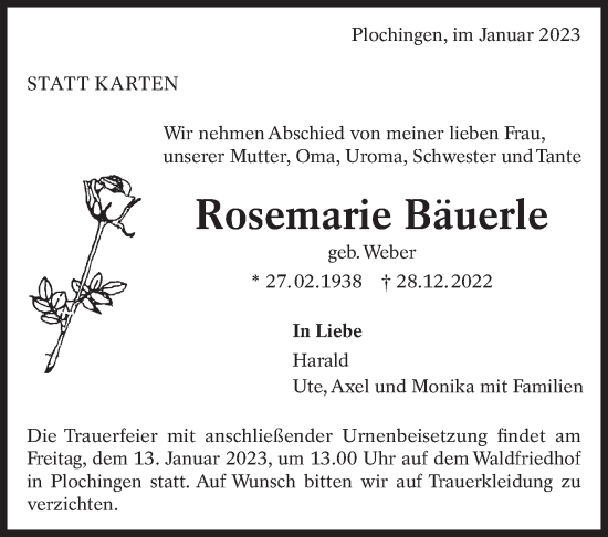 Traueranzeige von Rosemarie Bäuerle von Eßlinger Zeitung/Cannstatter Zeitung