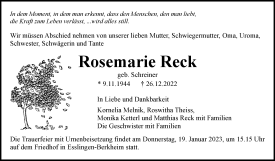 Traueranzeige von Rosemarie Reck von Eßlinger Zeitung/Cannstatter Zeitung